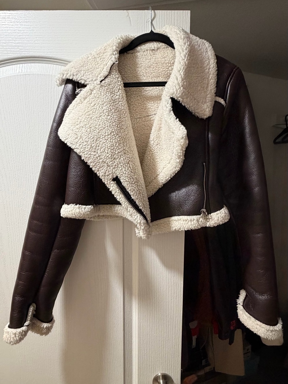 Women’s Brown Faux Leather Shearling Jacket with Cream Lining
